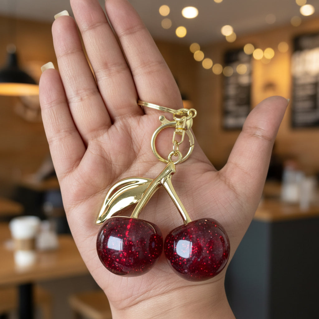 Hand holding a keychain with two red cherries and a gold stem against a white background