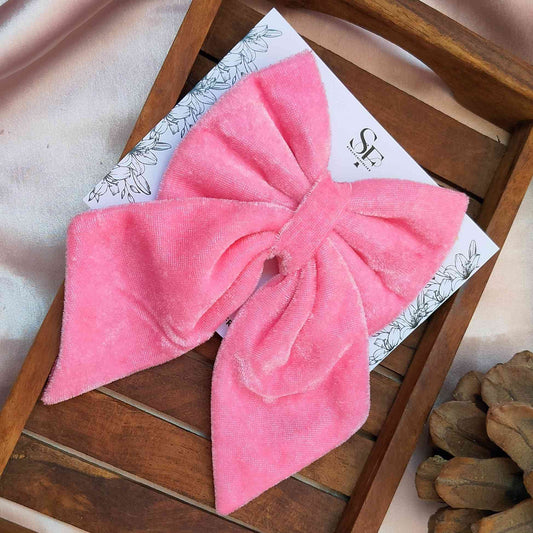 Velvet Pigtail Bow - Baby Pink