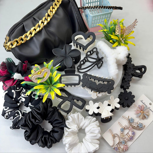 Collection of hair accessories including scrunchies, clips