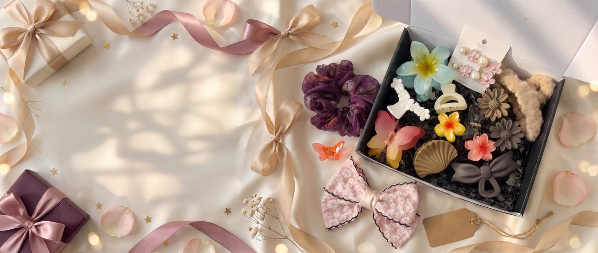 The Love Hamper with satin ribbons and wrapped gifts on ivory silk